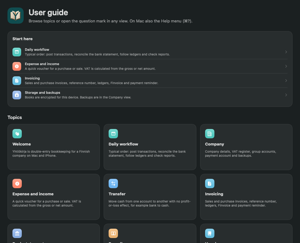 In-app user guide as topic cards.